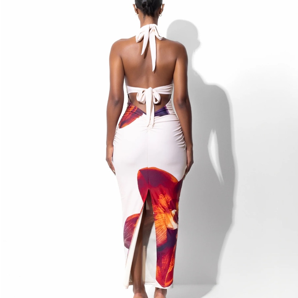 Elegant High Low Halter Dress - Red Floral